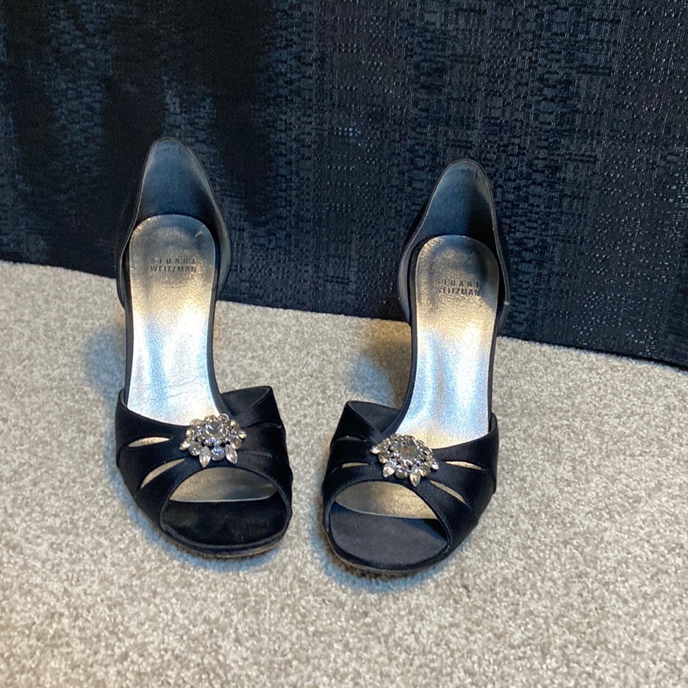 Stuart Weitzman Black Open Toe Embellished Heels